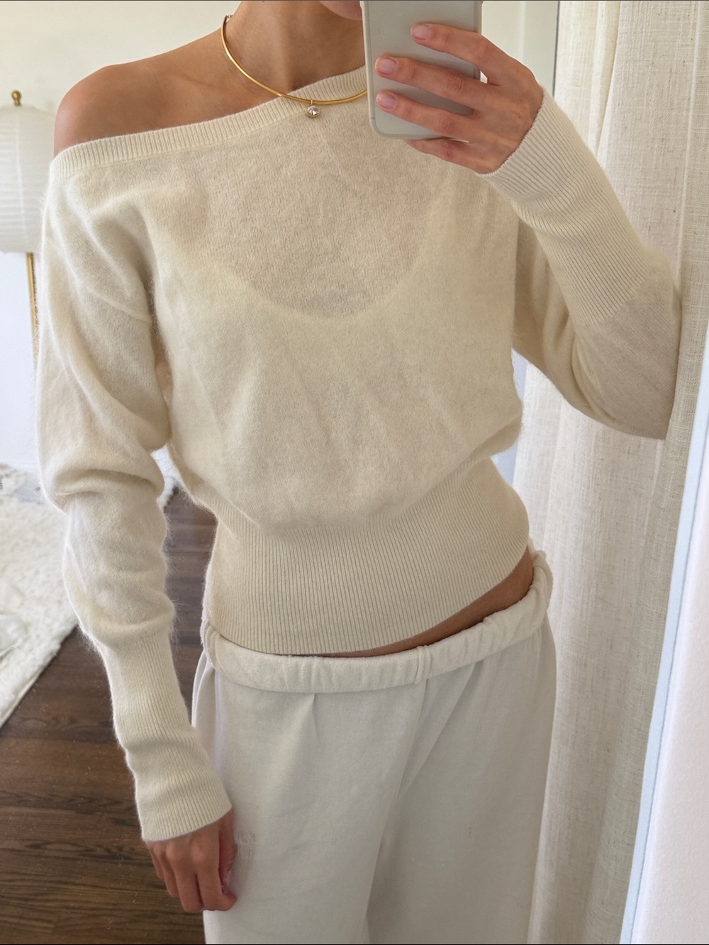 Kookai Cream Off-Shoulder Ribbed Waist Sweater